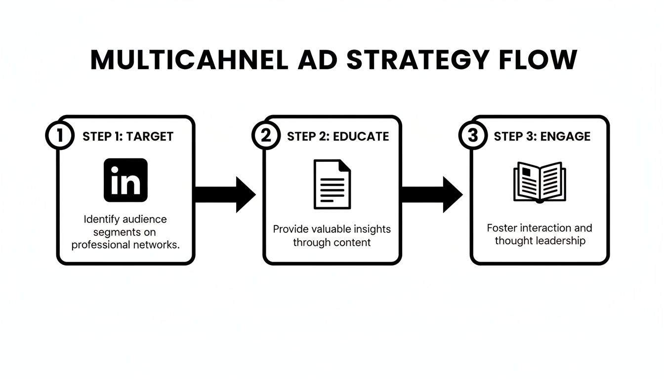 A three-step multichannel ad strategy flow diagram, detailing target, educate, and engage phases.