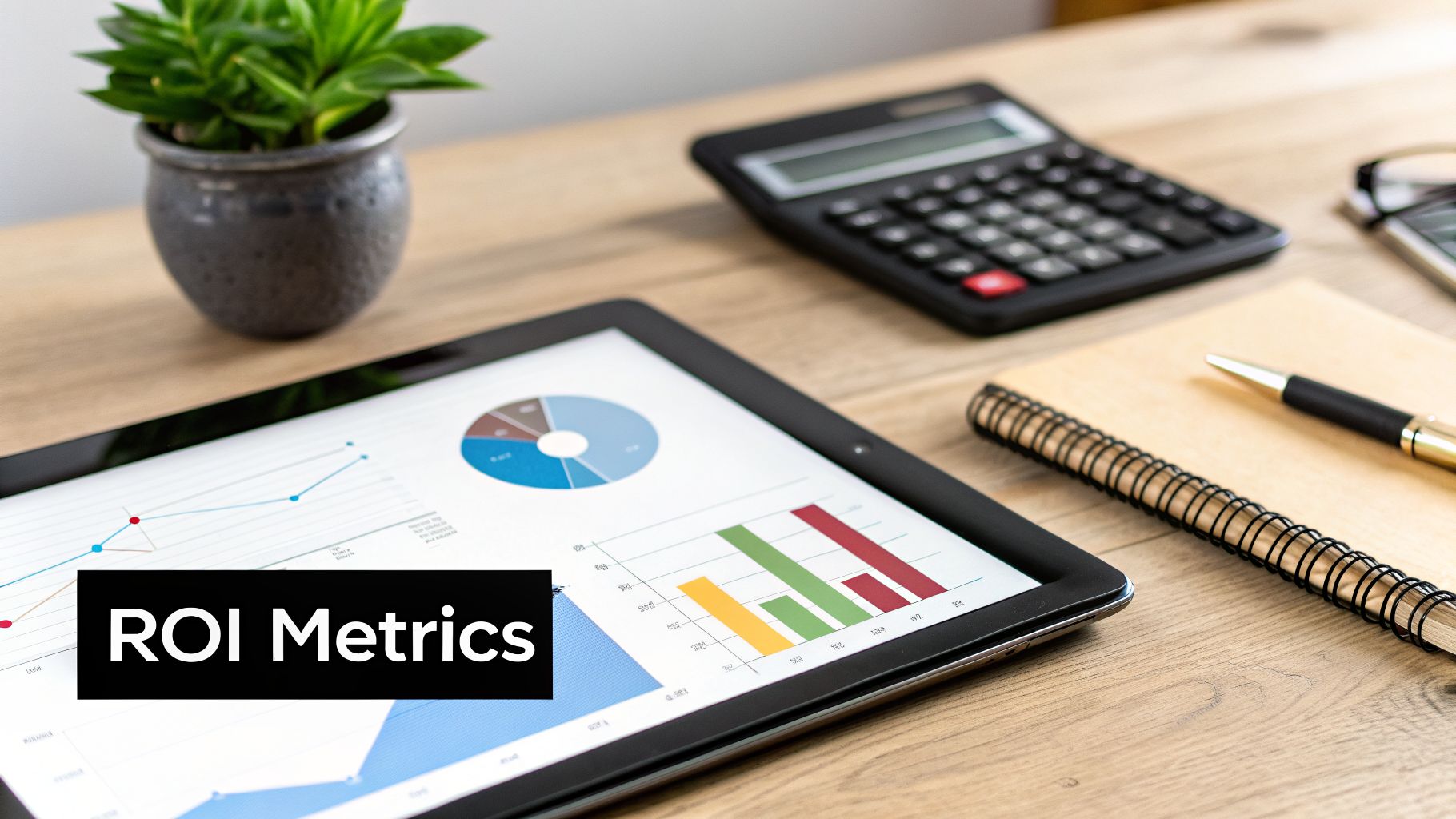 Tablet screen displaying ROI Metrics alongside financial charts, a calculator, and a notebook on a desk.
