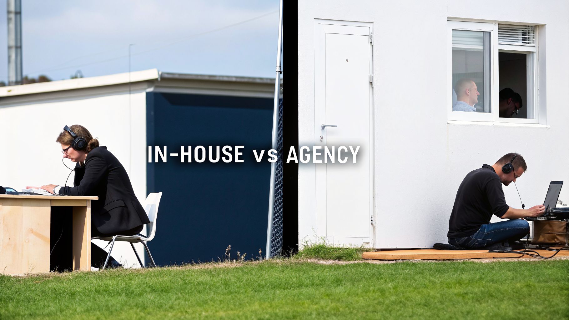 Side-by-side comparison of an in-house professional at a desk and an agency worker on the grass.