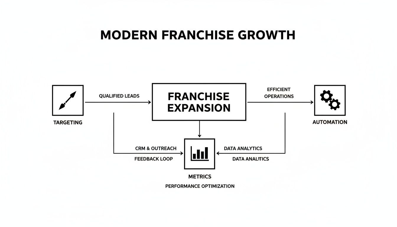 Flowchart illustrating modern franchise growth strategies: targeting, expansion, automation, metrics, and feedback loops.