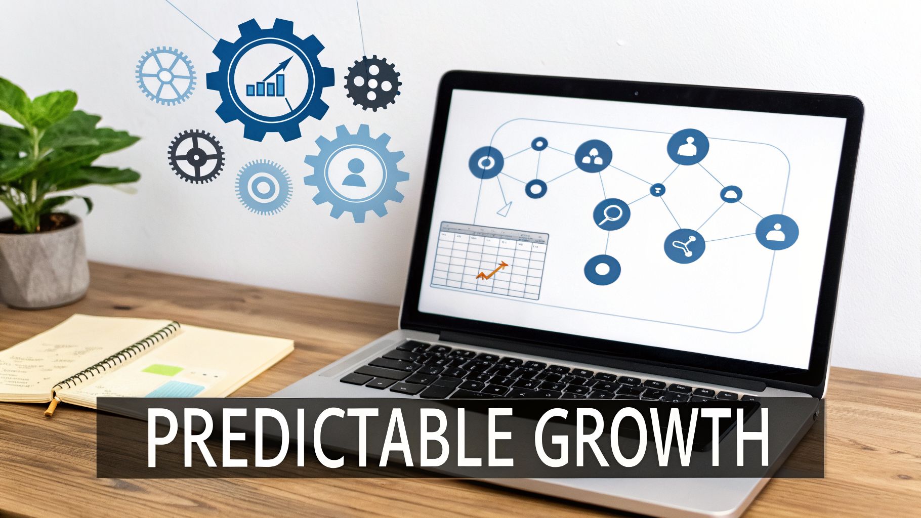 Laptop displaying a network diagram and growth chart, with gears symbolizing business strategy and growth.