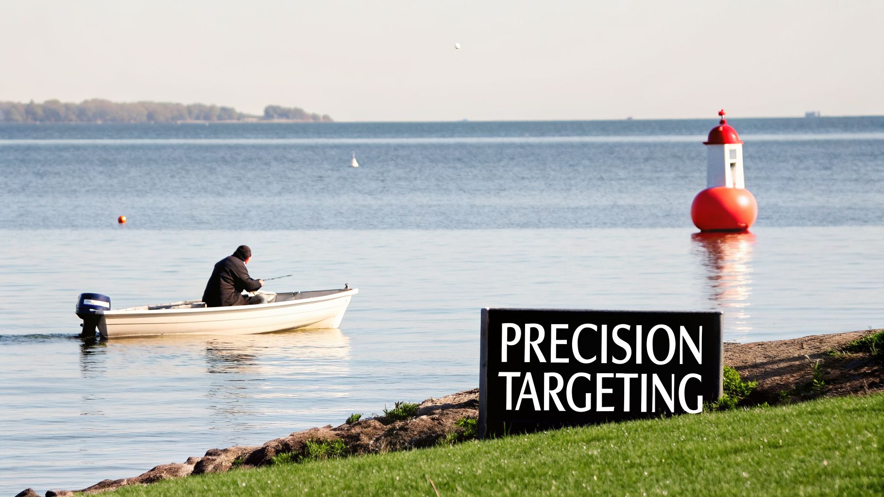 A man fishes from a boat on a calm lake, with a 'PRECISION TARGETING' sign on the grassy shore.