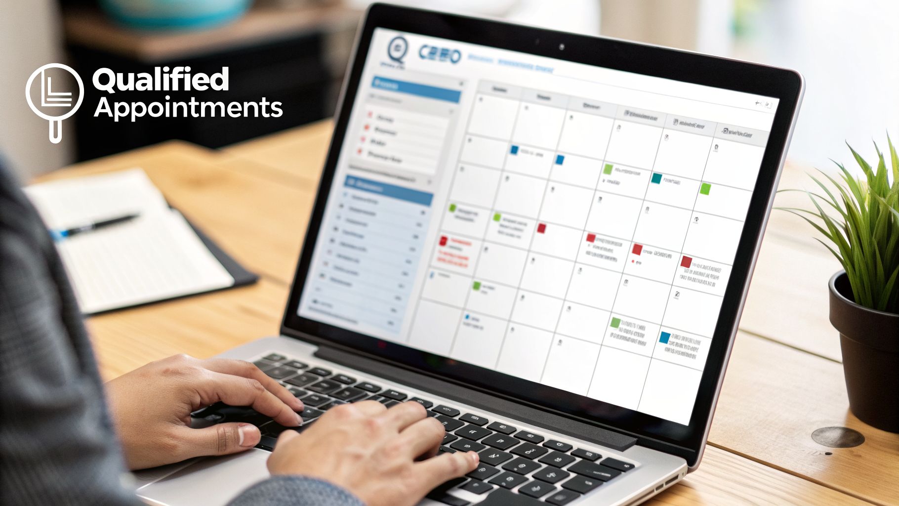 Hands typing on a laptop displaying a calendar with 'Qualified Appointments' text, notebook, and plant on a desk.