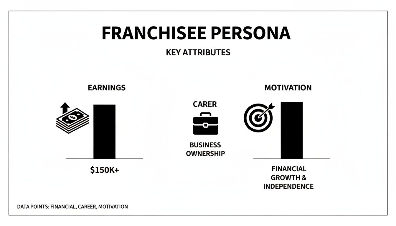Infographic showing key franchisee persona attributes: earnings ($150K+), business ownership, and financial independence motivation.