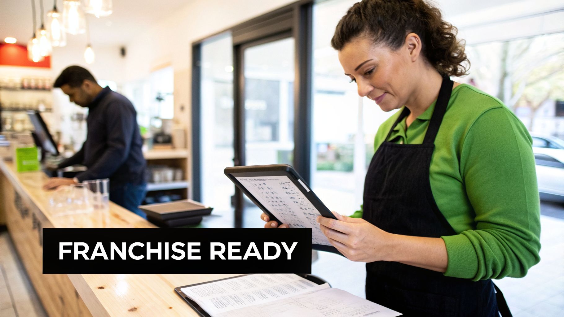 Two business owners or employees manage daily operations in a bustling cafe setting.