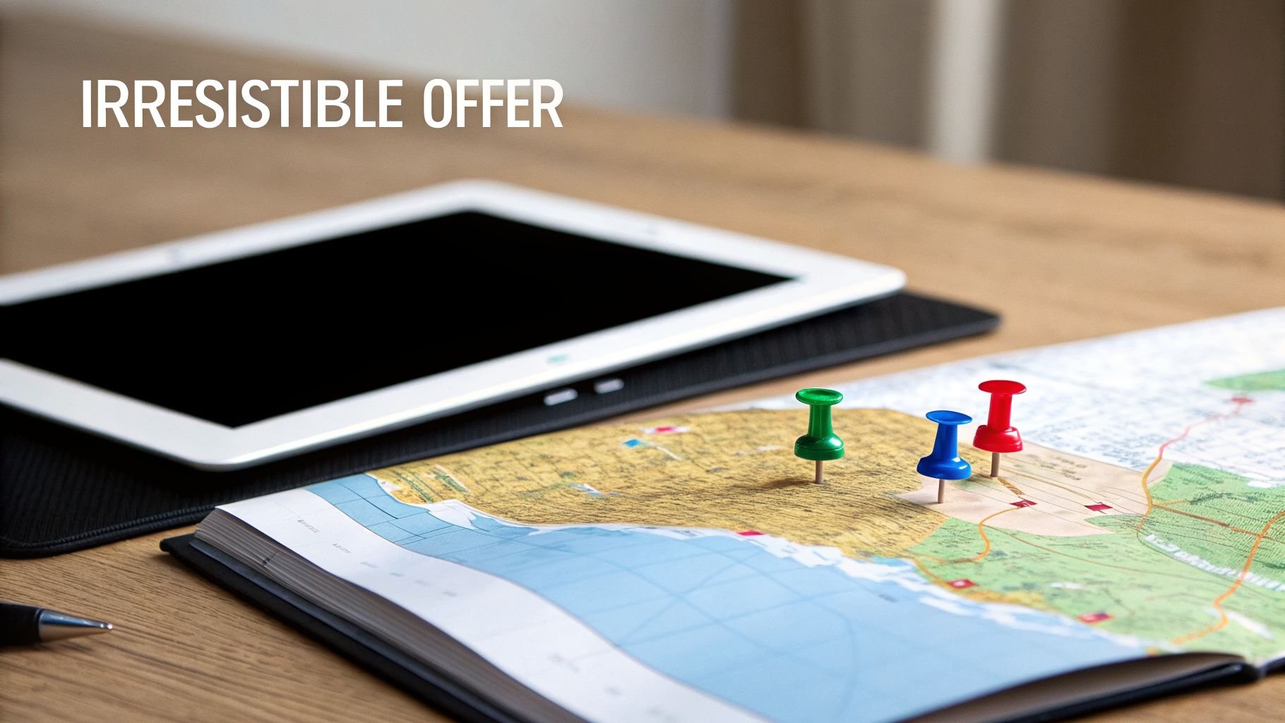 A tablet and an open map with red, blue, and green pushpins, featuring 'Irresistible Offer'.