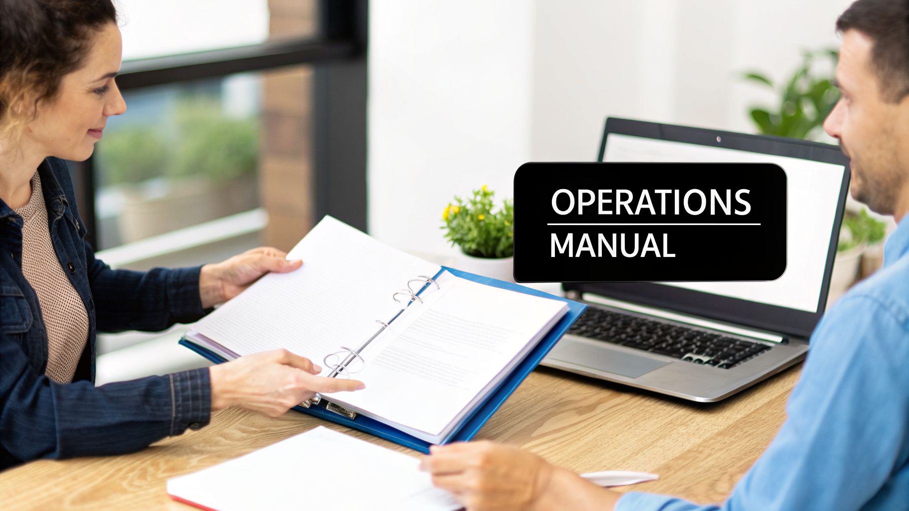 Two business people review an operations manual, holding a binder and using a laptop.
