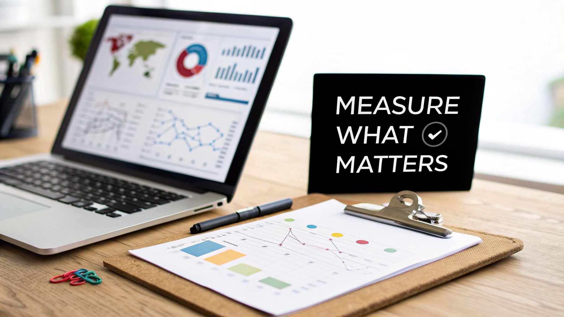 A laptop displaying business analytics charts and graphs, with a 'MEASURE WHAT MATTERS' sign and a clipboard on a wooden desk.