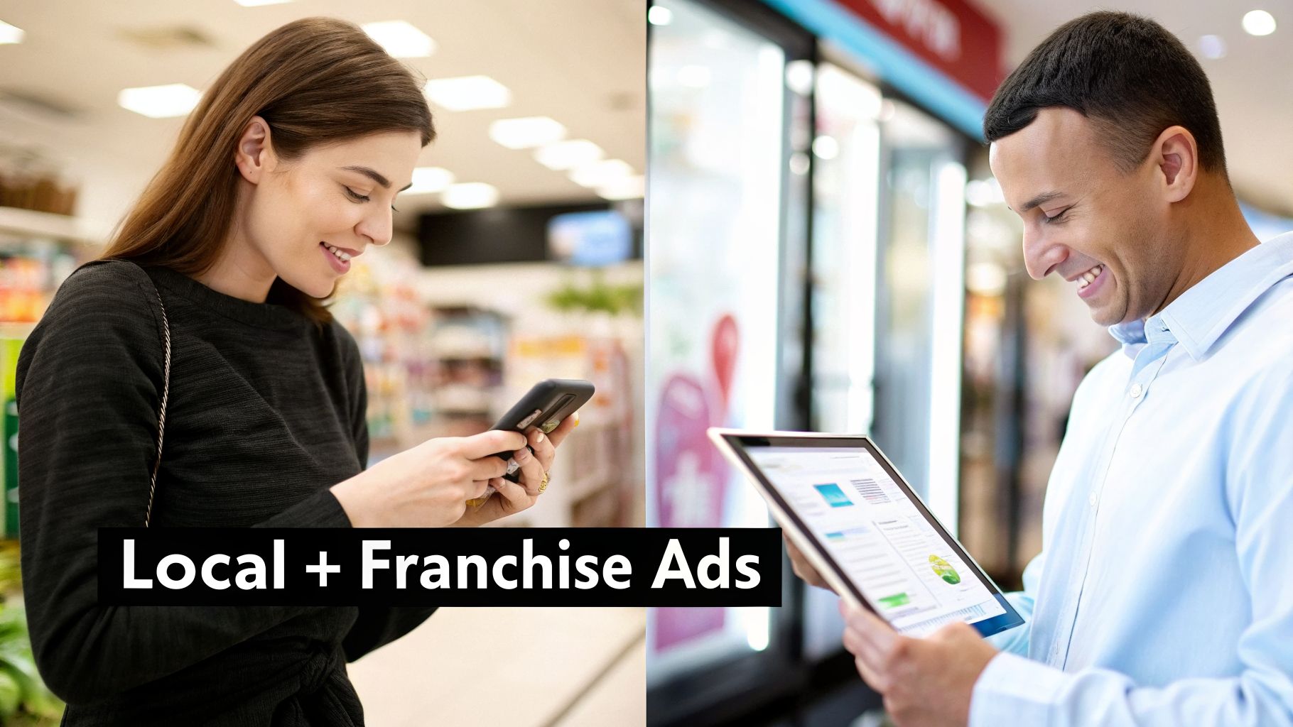 Smiling woman on phone and man on tablet, managing local and franchise ads in a store.